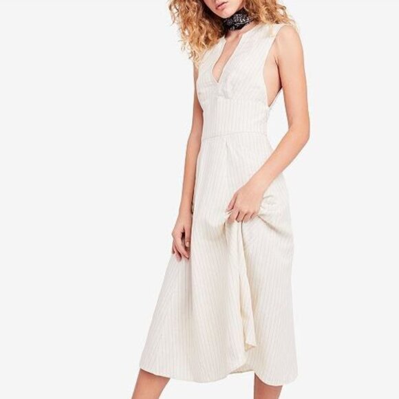 Free People Size XS Pretty Daze Striped Linen-Blend Sleeveless Midi‎ Dress Ivory - Picture 2 of 8